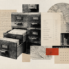 Collage editorial de archivos, documentos y datos culturales.