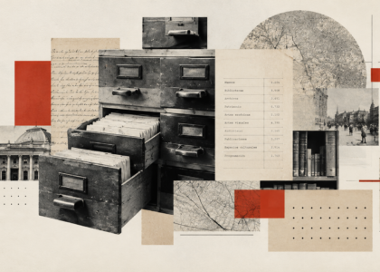 Collage editorial de archivos, documentos y datos culturales.