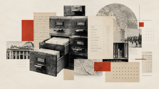 Collage editorial de archivos, documentos y datos culturales.